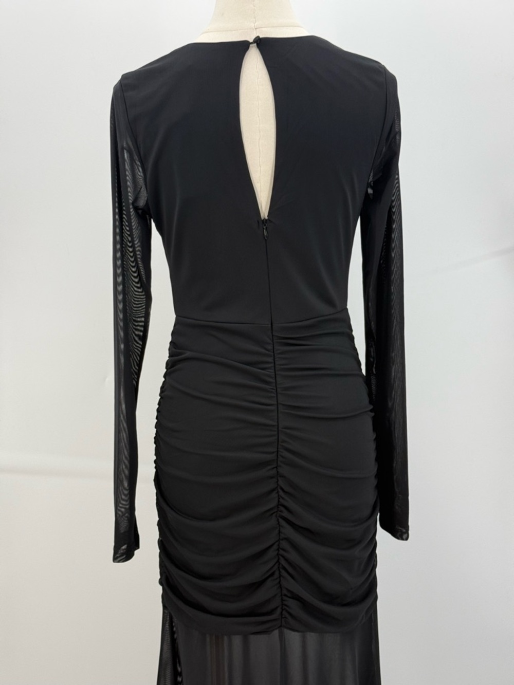 Lulus Vibrant Poise Black Mesh Ruched Maxi Dress Long Sleeve Sheer Hem Bodycon - Picture 12 of 15